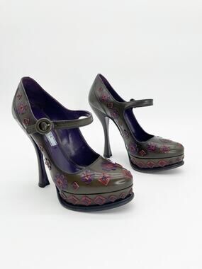 Prada Fall 2012 Green Floral Applique Mary Jane Chunky Platform Heels IT 37.5